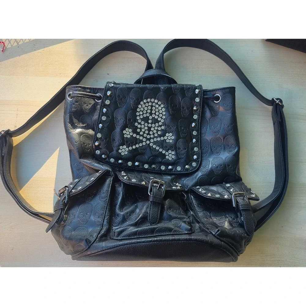 Black‎ Embossed Skull Rhinestone Studded Backpack Gothic Punk Faux Leather Bag
